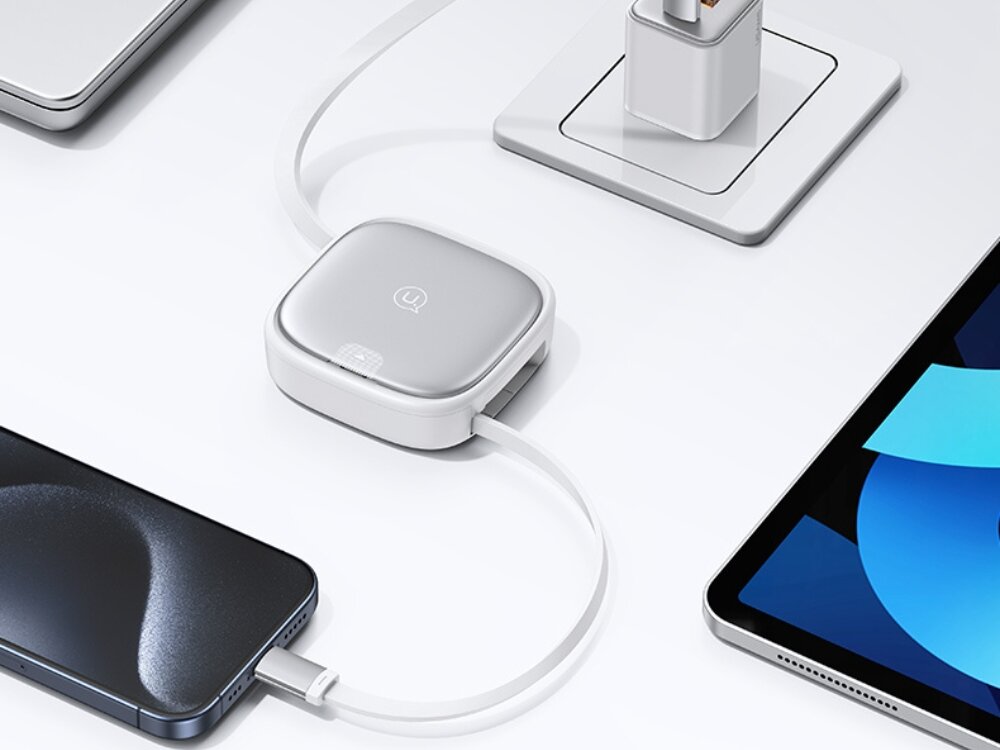 Kabel 3w1 USAMS US-SJ650 z pudełkiem
            kabel podłączony do adaptera sieciowego i telefonu pudełko organizer adaptery miejsce na karty szybkie ładowanie