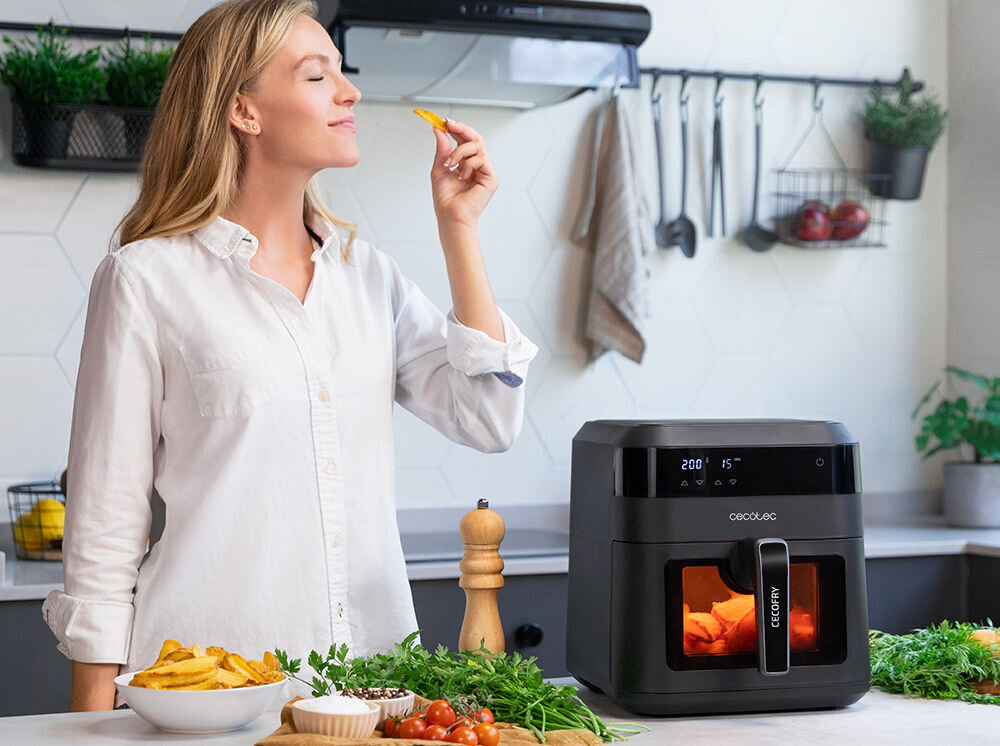 Frytownica CECOTEC Cecofry experience window 6000 wymiary technologia PerfectCook smaczne potrawy minimalna ilość tłuszczu zdrowe dietetyczne posiłki ulubione smaki
