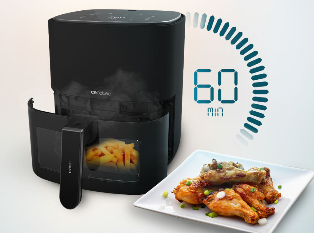Frytownica CECOTEC Cecofry experience window 6000 ustawienie czasu gotowania od 0 do 60 minut wygodne rozwiązanie precyzyjne planowanie posiłków uniknięcie przypalonych potraw system ochrony przed przegrzaniem antypoślizgowa podstawa bezpieczeństwo stabilność efektywne bezpieczne urządzenie