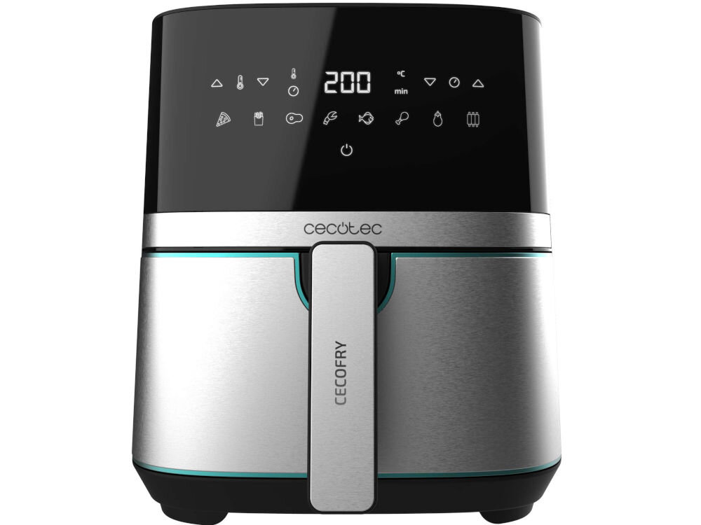 Frytownica CECOTEC Full inox 5500 pro 5.5L wymiary zdrowe gotowanie bez użycia dużej ilości oleju smaczne chrupiące potrway jedna łyżka oleju ograniczenie zawartości tłuszczu elegancki design przyciemniona stal nierdzewna świetnie wygląda wytrzymałe trwałe atrakcyjny element 