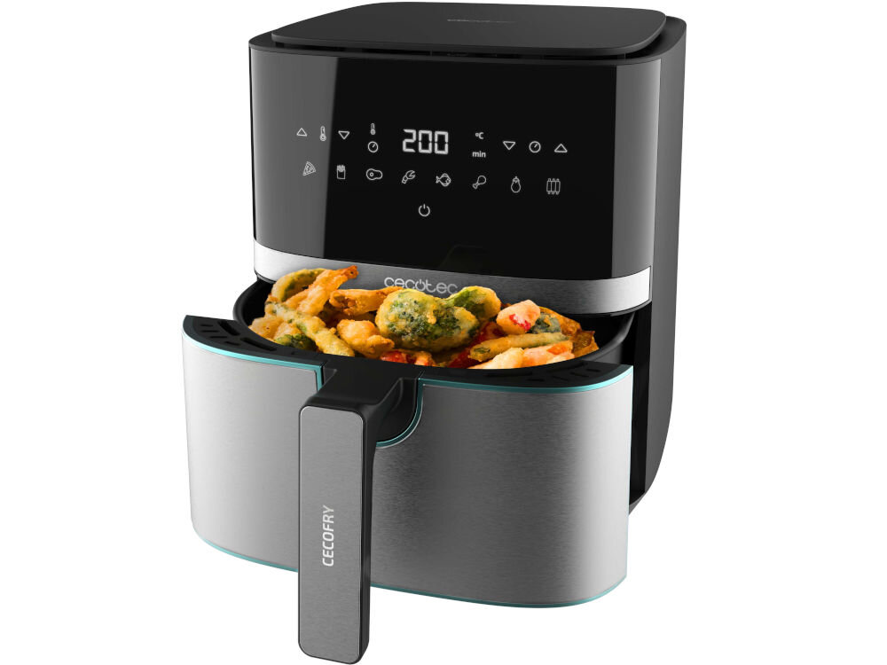Frytownica CECOTEC Full inox 5500 pro 5.5L wiele praktycznych funkcji wielofunkcyjny dotykowy panel łatwa obsługa duża pojemność 5,5 l posiłki dla całej rodziny moc 1700 W szybkie efektywne gotowanie równomierne roxzprowadzanie ciepła cyrkulacja gorącego powietrza regulowany termostat dostosowanie temperatury do potraw