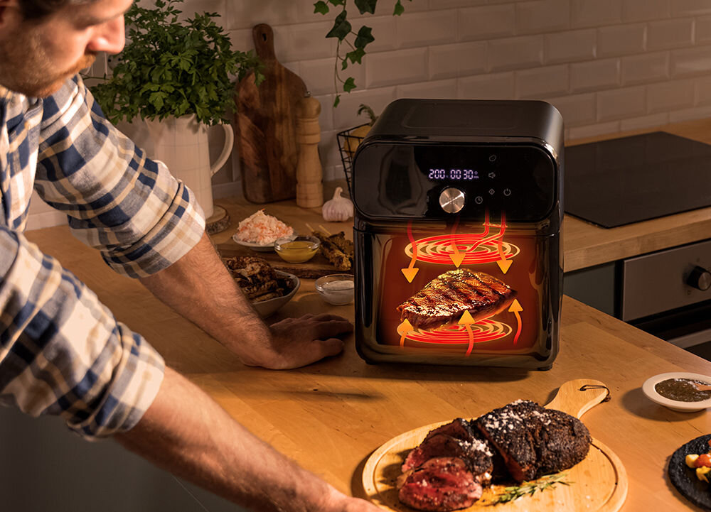 Frytownica CECOTEC Smokin duo 6000 6 L wymiary zajmuje mało miejsca elegancki czarny design stylowy charakter automatyczne wyłączanie programowalny timer kontrola temperatury bezpieczeństwo wygoda użytkowania 