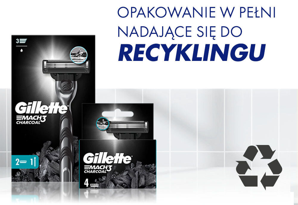 Golarka GILLETTE Mach3 Charcoal + 6 ostrzy + Stojak recykling ostrza opakowanie