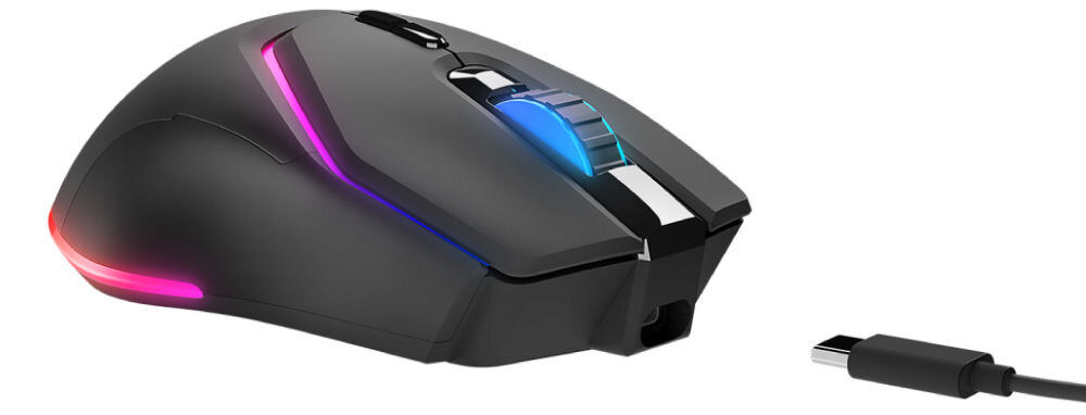 Mysz RAMPAGE Vortex M1 Czarny czas pracy do 90 godzin podłączenie do komputera za pomocą kabla USB-C kontynuowanie rozgrywki długie sesje 