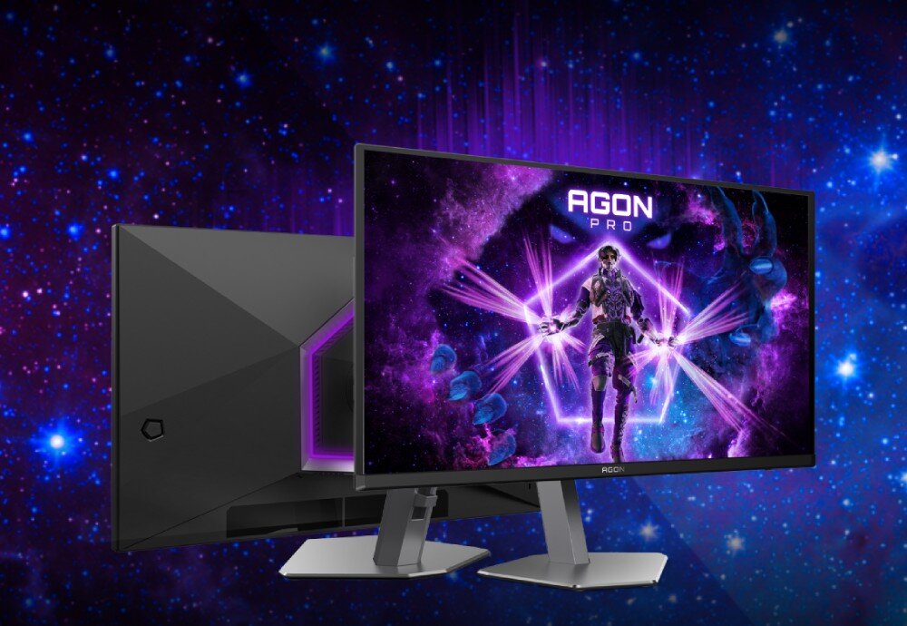 Monitor AOC Agon Pro AG276QZD2 Widok monitora z przodu i z tyłu z fioletowym podświetleniem w kształcie pięciokąta na tylnej obudowie, podstawa, regulacja, ergonomia, mocowanie VESA