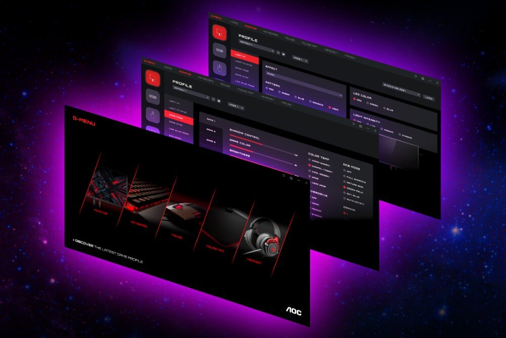 Monitor AOC Agon Pro AG276QZD2 Interfejs aplikacji z ustawieniami G-Menu widoczny na trzech nałożonych na siebie ekranach z fioletowym tłem, aplikacja, funkcje, narzędzia