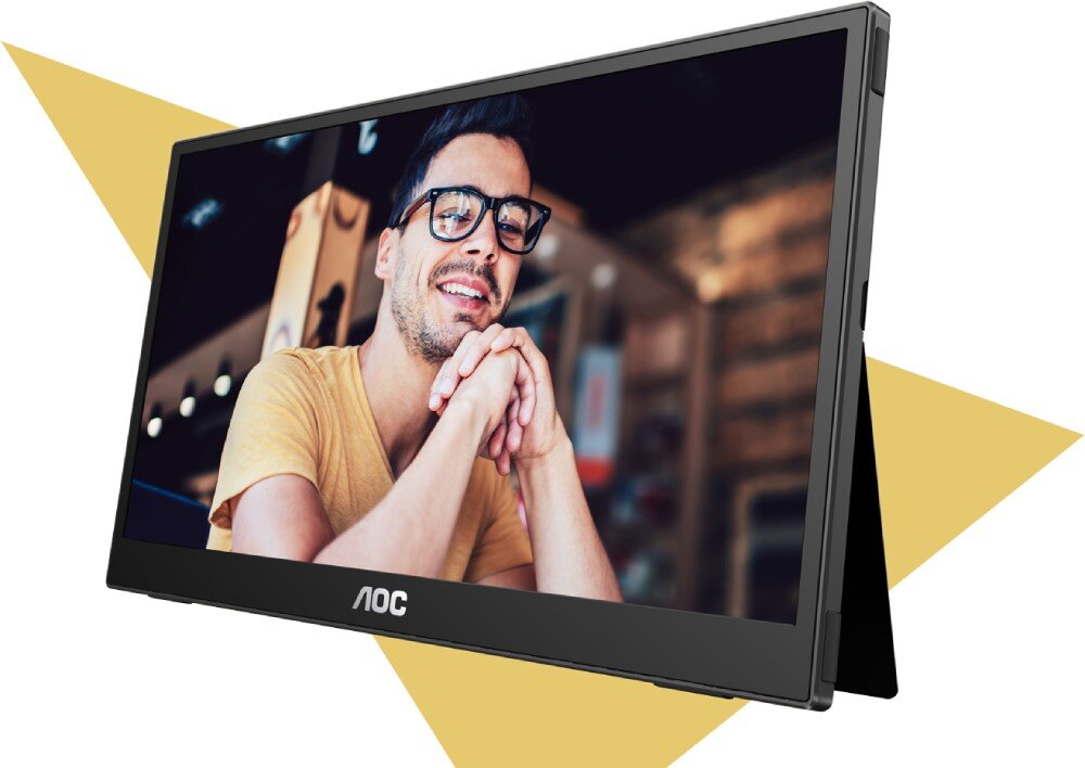 Monitor AOC 16T3EA Monitor ustawiony pod kątem na zintegrowanej podstawce, na ekranie widać mężczyznę w okularach i żółtej koszulce, zastosowanie, przekątna, mobilność