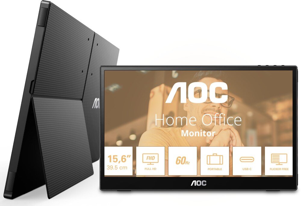 Monitor AOC 16T3EA Monitor z przodu z włączonym ekranem pokazującym parametry oraz z tyłu widoczna tekstura obudowy z podstawką, ekran dotykowy, obsługa, zmiana orientacji