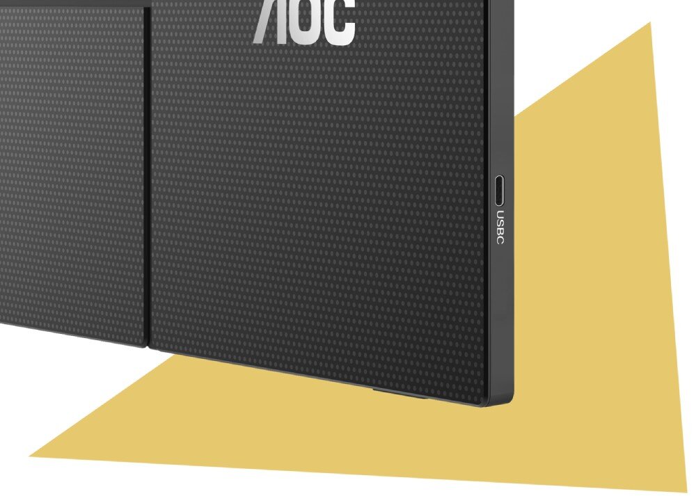 Monitor AOC 16T3EA Zbliżenie na tylną część monitora z widoczną fakturą obudowy i portem USB-C, złącze USB-C, wyjście słuchawkowe, podpórka, regulacja