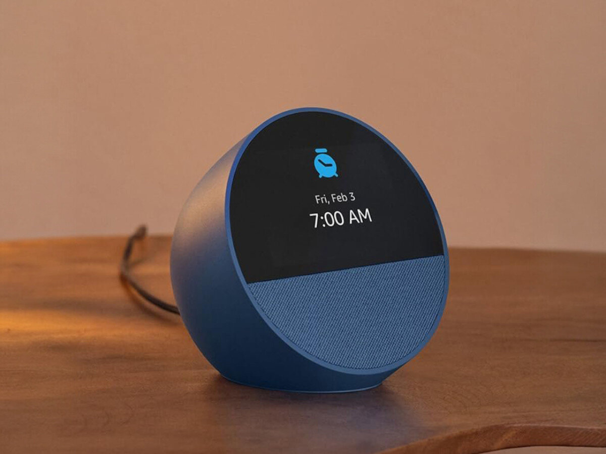 AMAZON Echo Spot Niebieski, audio, Bluetooth, Wi-Fi, integracja, Echo Spot z ekranem budzika na 7:00 AM