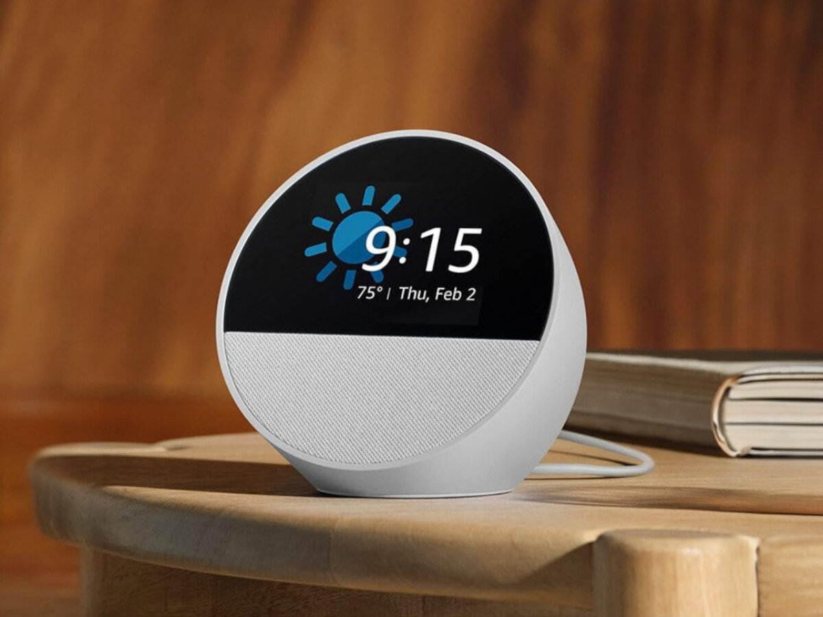 AMAZON Echo Spot Biały, głos, asystent, dźwięk, technologia, Echo Spot z tarczą zegara i ikoną słońca