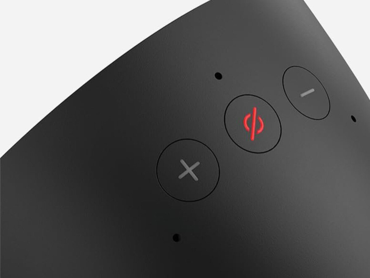 AMAZON Echo Spot Biały, ekran, dotyk, informacje, komfort, Zbliżenie przycisków głośności i wyciszenia