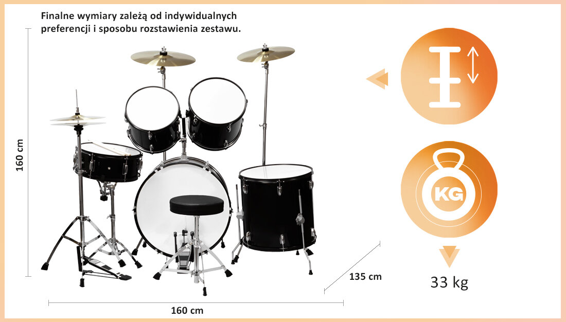 Perkusja MUSICMATE Junior MM-DRM200 MusicalEnergy Czarno-biały wymiary ok 160 x 135 x 160 cm świetne narzędzie do nauki dla początkujących i bardziej zaawansowanych