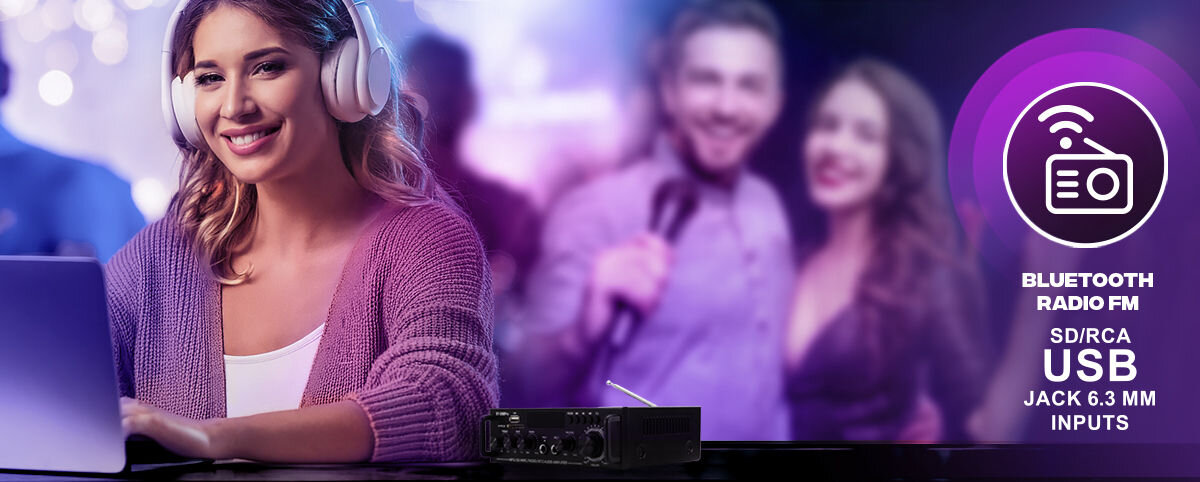 Wzmacniacz MUSICMATE MM-SC700 Harmonyvibe Czarny wbudowany moduł bluetooth radio FM dwa wejścia mikrofonowe jack 6,3 mm możliwość odtwarzania muzyki z pendrive'a USB-A kart SD