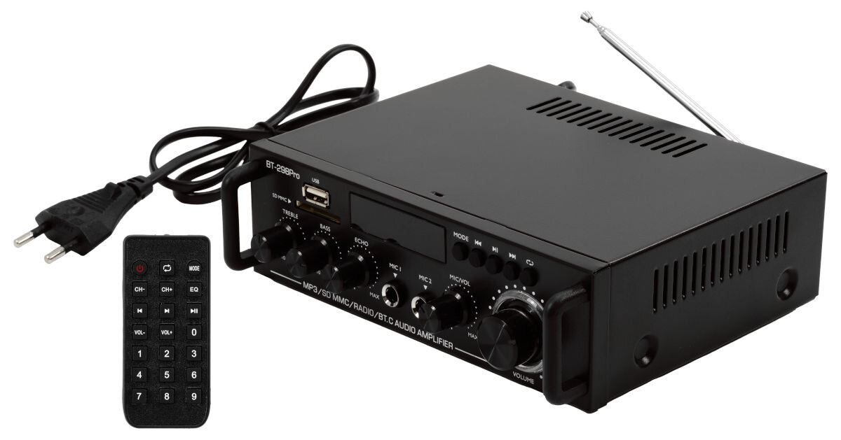 Wzmacniacz MUSICMATE MM-SC700 Harmonyvibe zasilany sieciowo (AC 230V) o wymiarach ok. 18 x 6 x 16 cm i wadze ok. 1,2 kg, pilot zdalnego sterowania (w zestawie brak baterii do pilota), dokumentacja