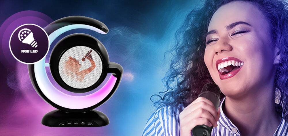 Zestaw karaoke MUSICMATE RainbowDust MM-SC70-B wbudowane efekty świetlne RGB LED możliwość zmiany kolorów
i dynamiki światła pozwala dostosować oświetlenie do rytmu muzyki