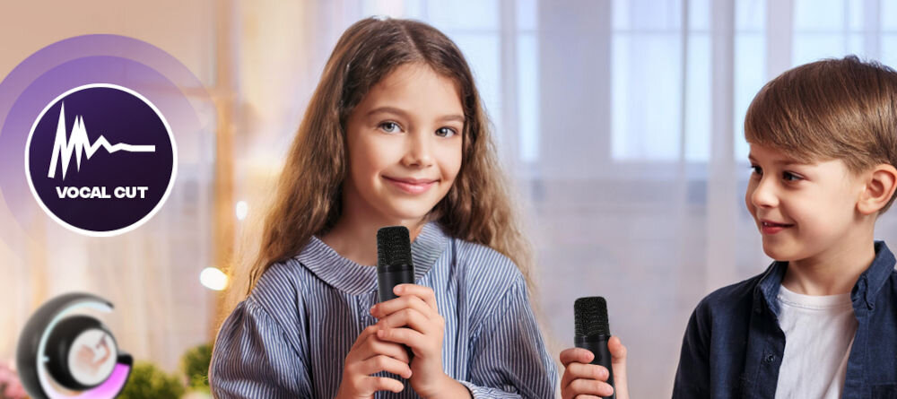 Zestaw karaoke MUSICMATE RainbowDust MM-SC70-B technologia Vocal Cut pięć różnych efektów wolaknych mężczyzna kobieta magic sound możliwość modyfikacji głosu czysy mocny dźwięk