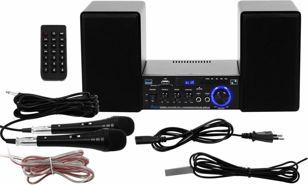 zestaw Karaoke MUSICMATE MM-SC990 DiscoPack, dwa mikrofony przewodowe (jack 6,3 mm), dwa przewdy mikrofonowe XLR - jack 6,3 mm, przewody głośnikowe, kabel zasilający,
pilot, antena FM