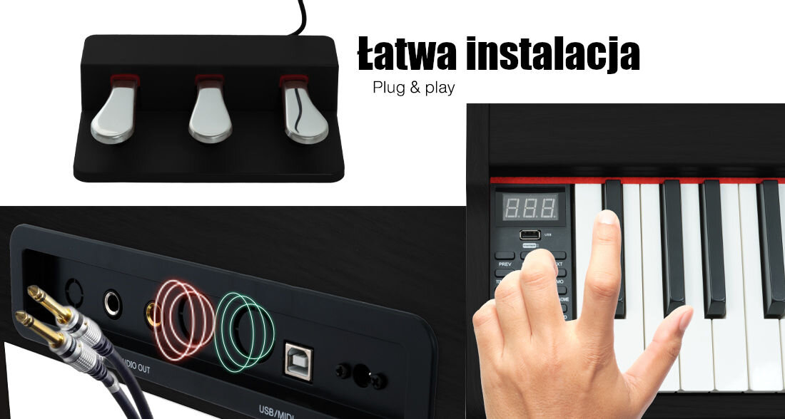 Pianino cyfrowe MUSICMATE MM-P40-B Czarny wejścia gniazda brzmiania rytmy utwory demo pedał