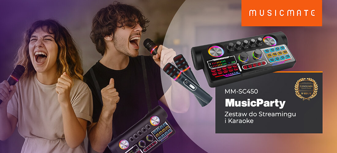 Zestaw do Karaoke i Streamingu MUSICMATE MM-SC450 MusicParty funkcje kreatywne podświetlenie, osoby trzymające mikrofony w ręku