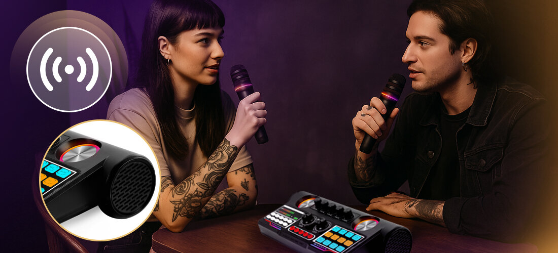 Zestaw do Karaoke i Streamingu MUSICMATE MM-SC450 MusicParty efekty audio dwa mikrofony, osoby trzymające mikrofony w ręku, mikser stojący na stoliku