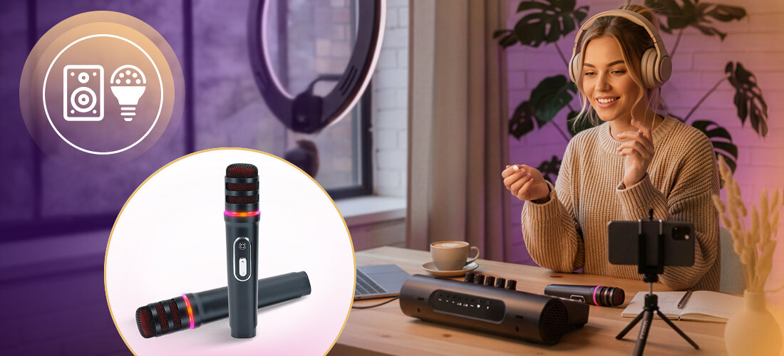 Zestaw do Karaoke i Streamingu MUSICMATE MM-SC450 MusicParty praca mobilna bateria 4000 mAh, osoba z założonymi słuchawkami, mikser leżący na stole