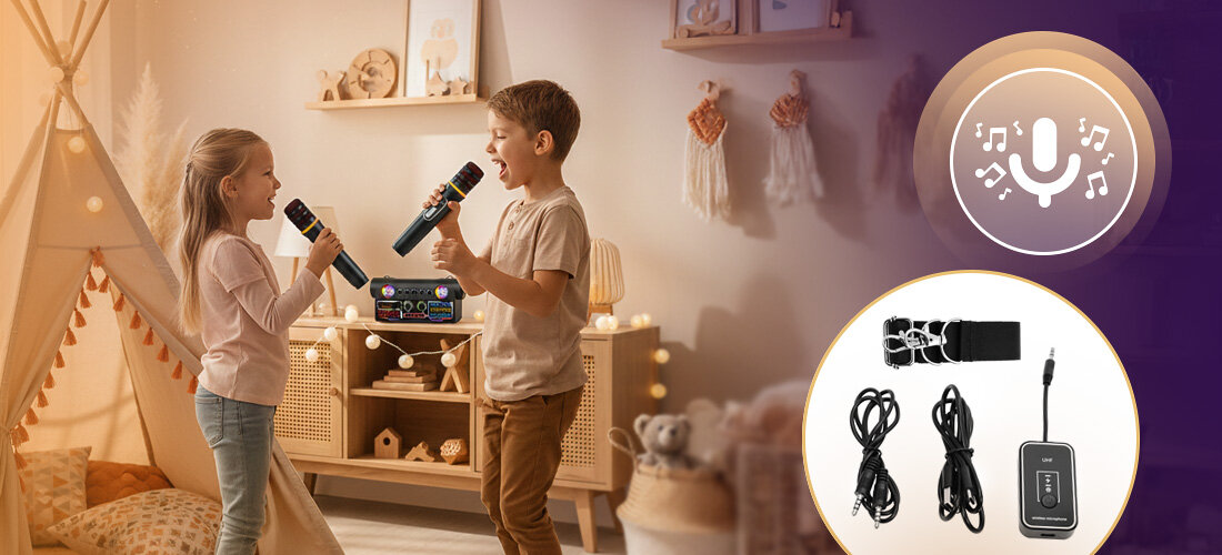 Zestaw do Karaoke i Streamingu MUSICMATE MM-SC450 MusicParty wejścia mikrofonów USB-C nagrywanie, mikser stojący na komodzie, dzieci trzymające mikrofon w ręku