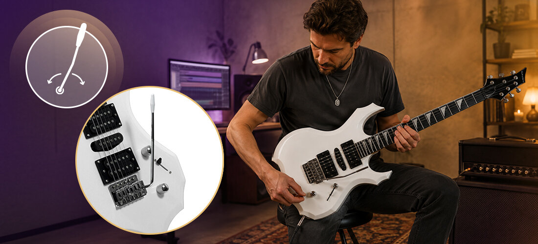 Gitara elektryczna MUSICMATE MM-G170 Odyssey, korpus z topoli, klonowy gryf, hebanowa podstrunnica, Humbucker Single-coil, osoba z gitarą w rękach