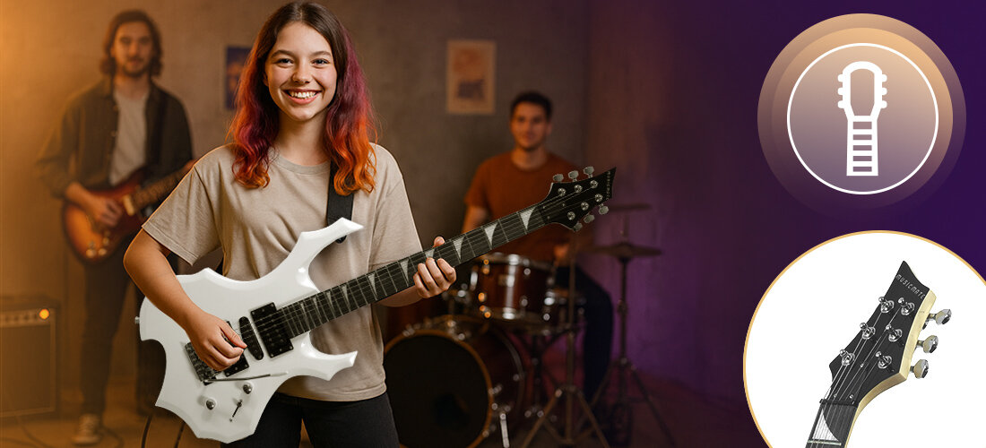 Gitara elektryczna MUSICMATE MM-G170 Odyssey, Humbucker, Single-coil, 5-pozycyjny przełącznik, regulacja tonu, osoba z gitarą w rękach