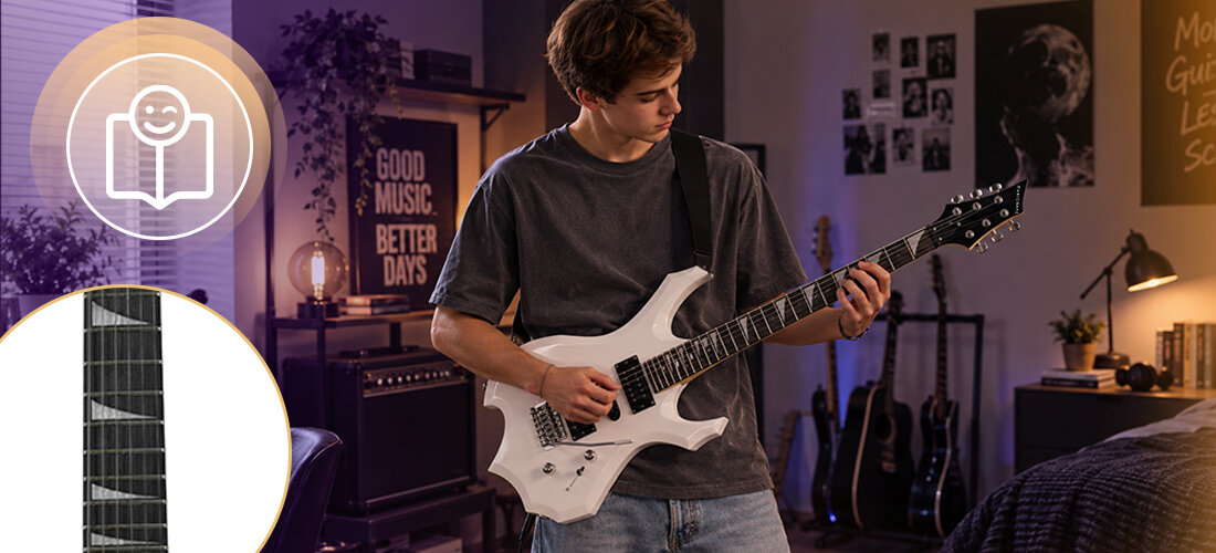 Gitara elektryczna MUSICMATE MM-G170 Odyssey, 24 progi, skala 648 mm, klonowy gryf bolt-on, hebanowa podstrunnica, Sharkfin Inlays, osoba z gitarą w rękach