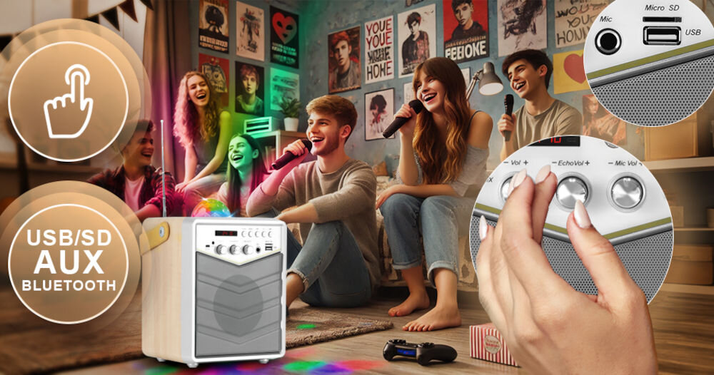 Power audio MUSICMATE MM-SK100 Apex Flex Mikrofon Karaoke Biały bluetooth aux jack 3,5 mm USB-A czytnik kart microSD radio FM automatyczne wyszukiwanie stacji radiowych łatwe połączenie ze smartfonem lub tabletem intuicyjny panel sterowania
możliwość podłączenia mikrofonu jack 6,3 mm