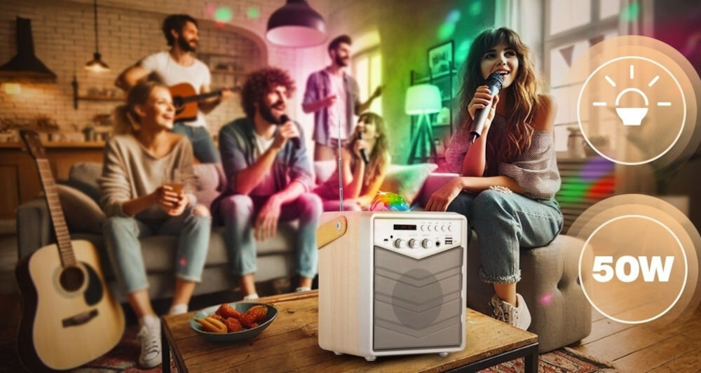 Power audio MUSICMATE MM-SK100 Apex Flex Mikrofon Karaoke Biały efekt kuli dyskotekowej LED RGB światła mienią się w rytm muzyki automatyczne dostosowywanie efektów świetlnych do tempa dźwięków