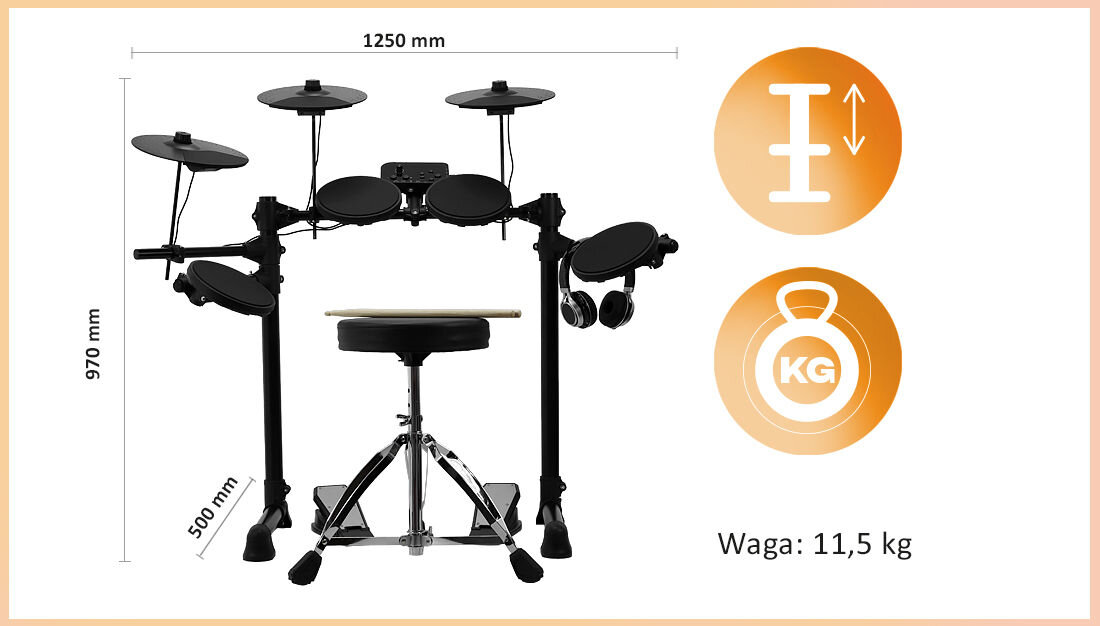 Perkusja elektroniczna MUSICMATE MM-DRM-100 elementy zestaw wymiary waga