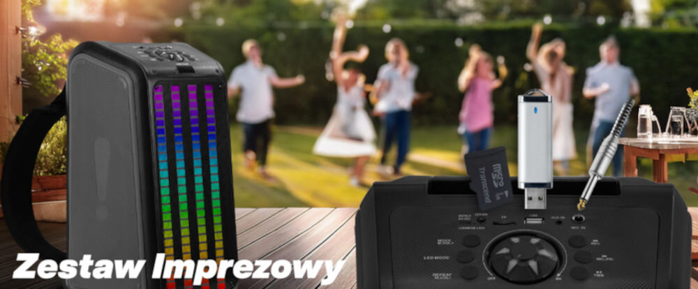 Power audio MUSICMATE MM-SC950 DiscoJam Mikrofon Karaoke Czarny szelki możliwość noszenia na plecach wbudowana bateria o pojemności 3600 mAh do 5 godzin ciągłej pracy po pełnym naładowaniu
					port USB-C 5 V