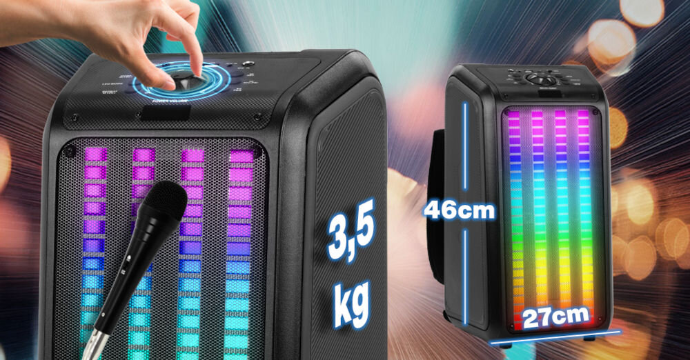 Power audio MUSICMATE MM-SC950 DiscoJam Mikrofon Karaoke Czarny intuicyjny panel sterowania z wyświetlaczem LED wejście mikrofonowe jack 6,3 mm mikrofon w zestawie pilot zdalnego sterowania