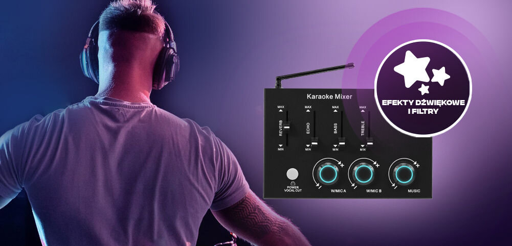 Zestaw Karaoke MUSICMATE MM-SC400 SonicVoice panel sterowania umożliwiający tworzenie spersonalizowanych efektów dźwiękowych efekty - pogłos echo regulacja tonów niskich i wysokich oddzielna regulacja
głośności dla dwóch mikrofonów i muzyki