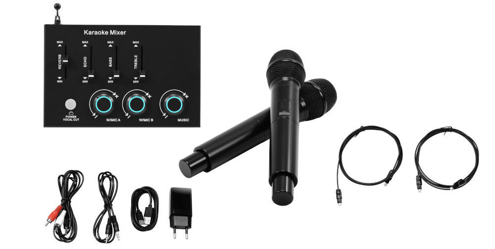 Zestaw karaoke MUSICMATE MM-SC400 SonicVoice, 2x kabel optyczny, ładowarka sieciowa,
kabel USB-A / USB-C, kabel AUX (jack 3,5mm - jack 3,5mm), kabel AUX (jack 3.5mm - RCA L/P), 2x mikrofon bezprzewodowy, dokumentacja.
