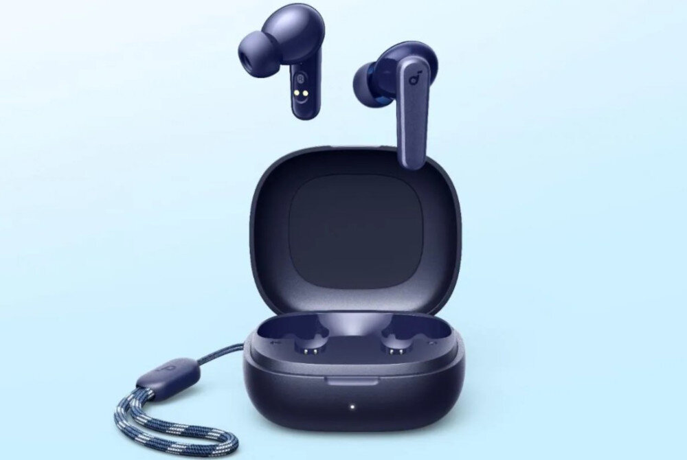 Słuchawki dokanałowe SOUNDCORE R50i v2 bezprzewodowe potężny dźwięk przenośny Bluetooth, słuchawki dokanałowe z etui ładującym na błękitno białym tle