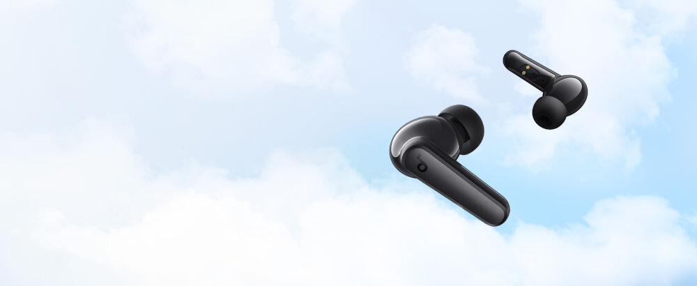 Słuchawki dokanałowe SOUNDCORE R50i v2 lekkie ergonomiczne komfortowe dopasowanie, słuchawki dokanałowe na błękitno białym tle