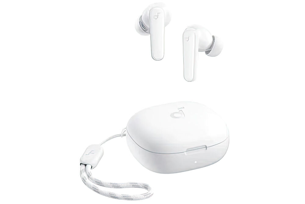 Słuchawki dokanałowe SOUNDCORE R50i v2 Bluetooth 10m automatyczne parowanie asystent głosowy, słuchawki dokanałowe z etui ładującym po skosie na białym tle