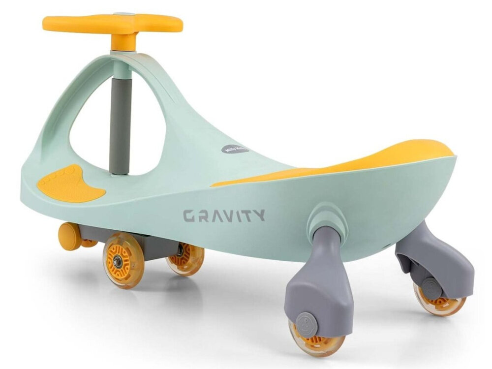 Jeździk MILLY MALLY Gravity Limonkowo-żółty dziala dzieki naturalnym ruchom dziecka rozwoj zmyslu rownowagi wzmocnienie miesni dziecko jako sila napedowa dla dzieci od 3 do 5 roku zycia