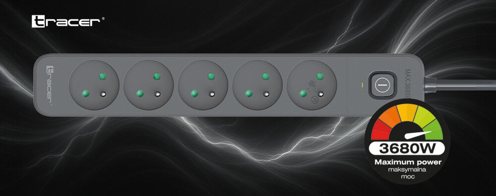 Listwa zasilająca antyprzepięciowa TRACER Power Line+ 3,0 m Graphite (5 gniazd), Grafitowa, listwa, antyprzepięciowa, Tracer, Ikona licznika i napis MOC 3680W na tle efektownych wyładowań elektrycznych.