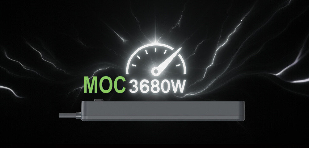 Listwa zasilająca antyprzepięciowa TRACER Power Line+ 3,0 m Graphite (5 gniazd), Kabel, pięć, metrów, 3680W, Listwa Tracer Power Line+ z widocznym oznaczeniem maksymalnej mocy 3680W na ciemnym tle.