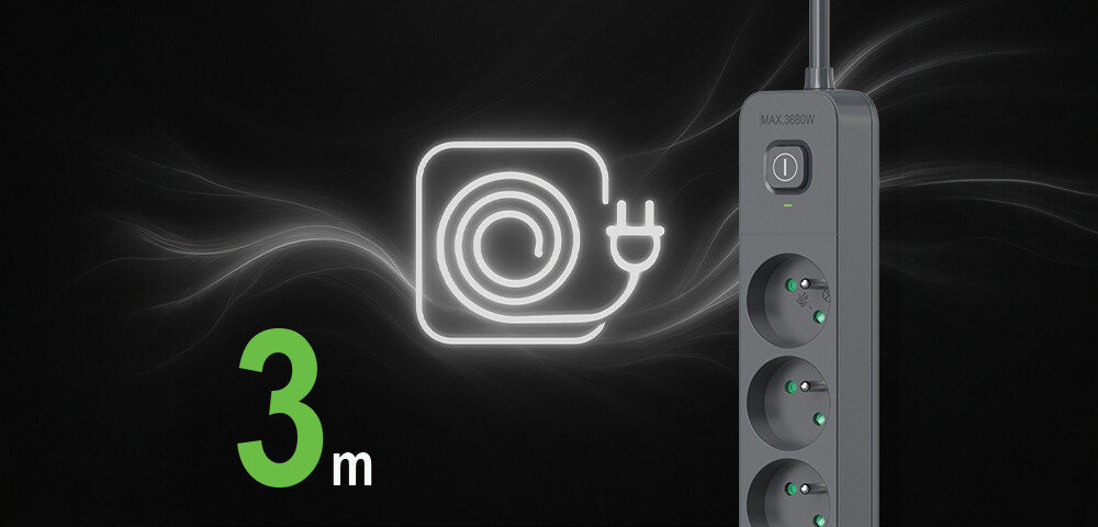 Listwa zasilająca antyprzepięciowa TRACER Power Line+ 3,0 m Graphite (5 gniazd), centrum, zasilania, grafitowe, moc, Grafika informująca o długości przewodu 5 metrów z ikoną zwiniętego kabla.