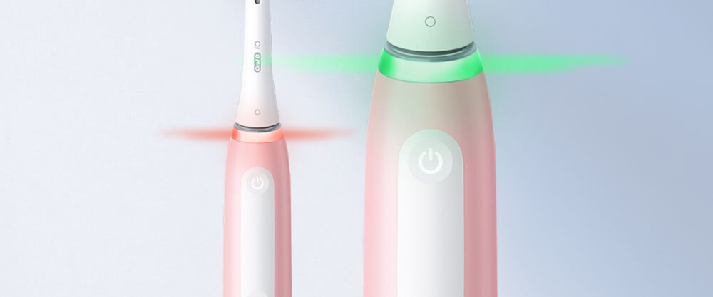 Szczoteczka magnetyczna ORAL-B iO Sensi Clean Różowy delikatne dziąsła bezpieczna higiena czujnik siły nacisku specjalnie podswietlenie zielony idealny nacisk czerwony zbytduży nacisk dbanie o zęby i dziąsła