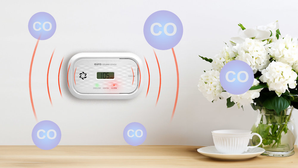 Czujnik tlenku węgla (czadu) EURA CD-72A2v7300/B niebezpiecznego stężenia czadu alarm dźwiękowy oraz świetlny ekranie LCD wartość stężenia tlenku węgla