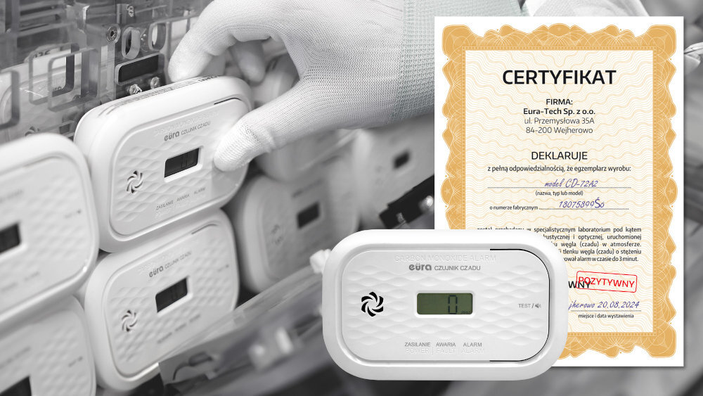 Czujnik tlenku węgla (czadu) EURA CD-72A2v7300/B szczegółowe testy w polskim laboratorium alarmów świetlnych i dźwiękowych wysoki poziom bezpieczeństwa