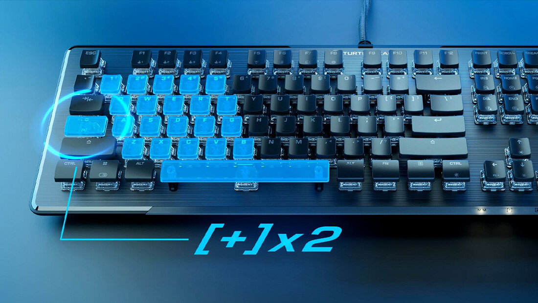 Turtle Beach Vulcan II podwójne klawisze EASY-SHIFT[+] duplikacją funkcji, elementy sterowania multimediami 5 niestandardowych profili podświetlenia funkcji klawiszy