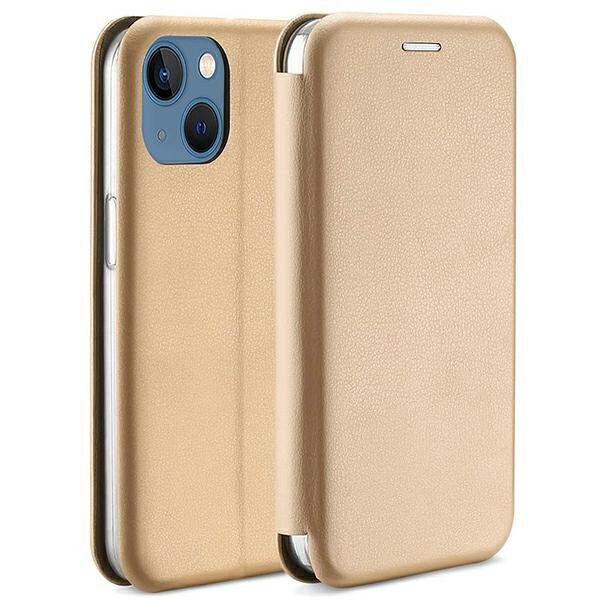 Złote etui na telefon z klapką, widoczne z przodu i z tyłu, z wycięciem na aparat fotograficzny. Etui ma teksturę przypominającą skórę.