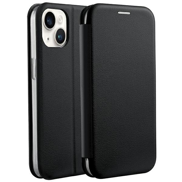 Czarne etui typu book na telefon z widocznymi wycięciami na aparat i przyciski. Etui ma teksturę imitującą skórę.